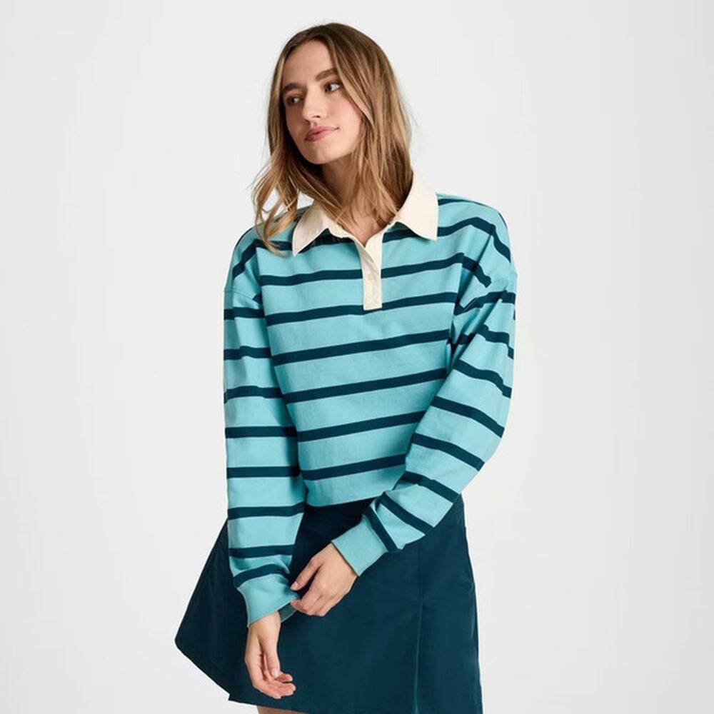 Champion Striped Rugby Polo Shirt Teal Navy Preppy Size Large